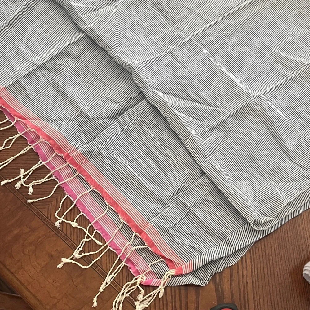 100% Cotton Nautical Striped Scarf /Wrap with Pink Trim tassels